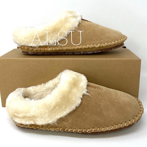 Sperry Women Slippers Fur Trim Clog Suede Cinnamon - Picture 2 of 8